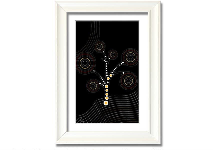 Framed Aboriginal Tree 2 print showcasing vibrant colors and intricate patterns, ready to hang.